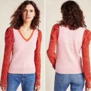 Anthropologie Pink and Red V-Neck Sweater